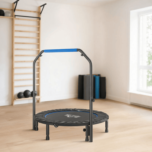 HOMCOM Trampolim Fitness Ø114 Trampolim Dobrável com Pega Ajustável em 4 Níveis Estrutura de Aço para Treino de Pernas Corpo em Casa Escritório Ginásio Azul