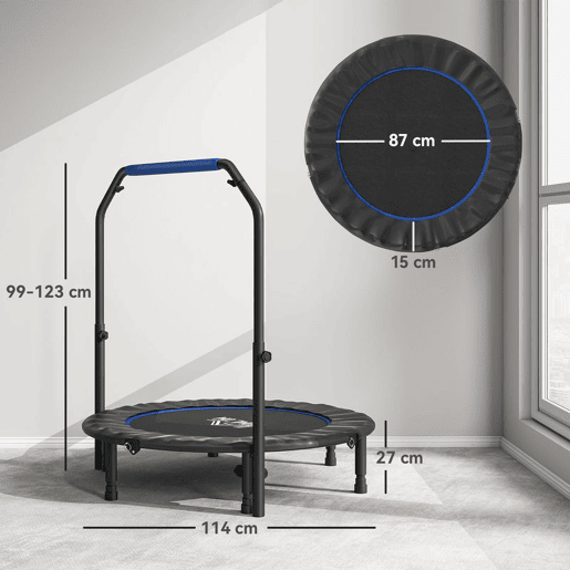 HOMCOM Trampolim Fitness Ø114 Trampolim Dobrável com Pega Ajustável em 4 Níveis Estrutura de Aço para Treino de Pernas Corpo em Casa Escritório Ginásio Azul