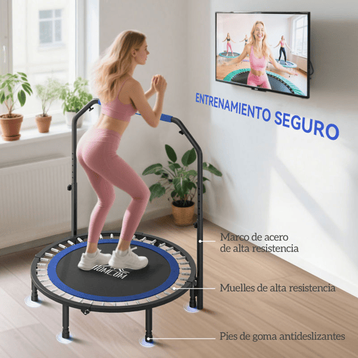 HOMCOM Trampolim Fitness Ø114 Trampolim Dobrável com Pega Ajustável em 4 Níveis Estrutura de Aço para Treino de Pernas Corpo em Casa Escritório Ginásio Azul