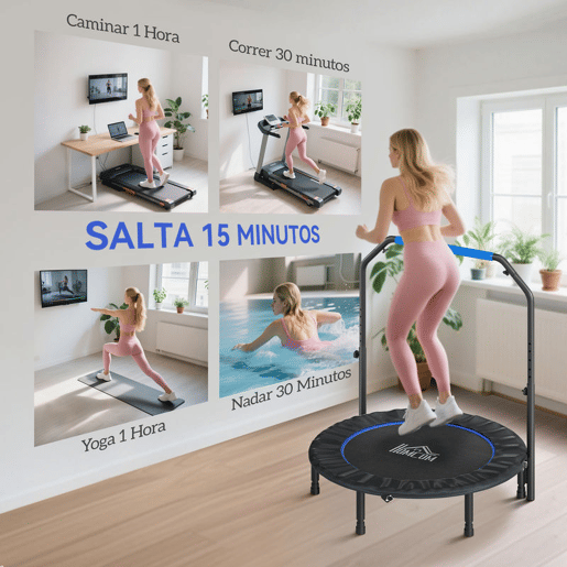 HOMCOM Trampolim Fitness Ø114 Trampolim Dobrável com Pega Ajustável em 4 Níveis Estrutura de Aço para Treino de Pernas Corpo em Casa Escritório Ginásio Azul