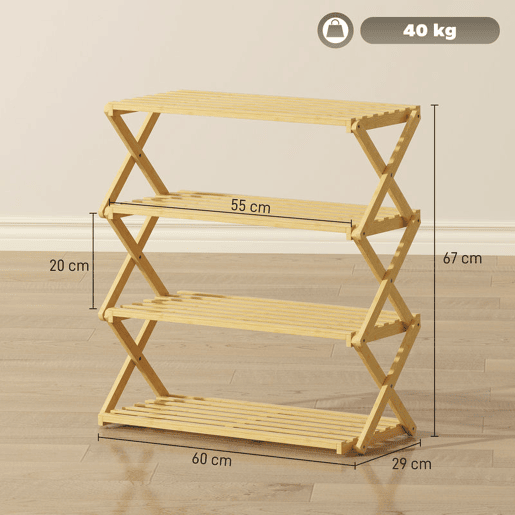 HOMCOM Sapateira Estreita de Bambu Sapateira Vertical Dobrável de 4 Níveis Sem Instalação Prateleira para Sapatos para Entrada Corredor Quarto 60x29x67 cm Madeira