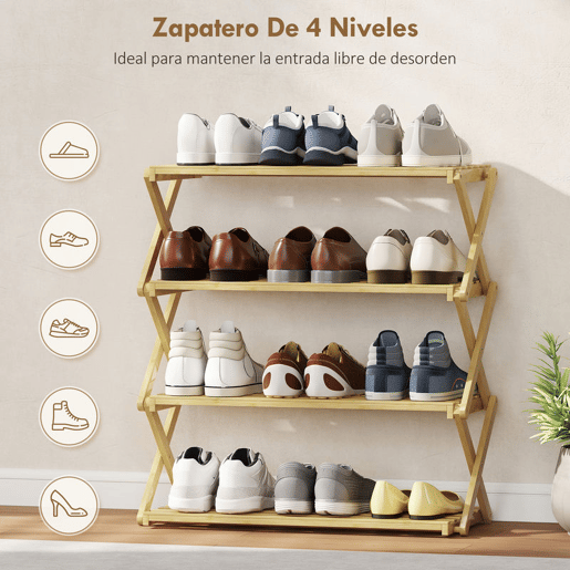 HOMCOM Sapateira Estreita de Bambu Sapateira Vertical Dobrável de 4 Níveis Sem Instalação Prateleira para Sapatos para Entrada Corredor Quarto 60x29x67 cm Madeira