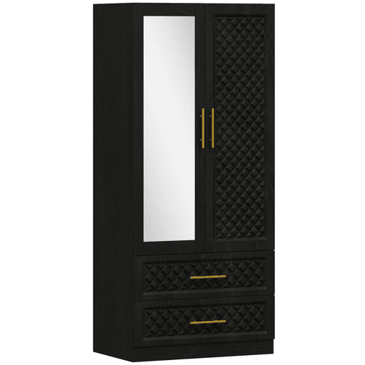 HOMCOM Roupeiro com Espelho 2 Portas e 2 Gavetas Roupeiro para Dormitório com Relevo de Diamante Barra para Pendurar Estilo Moderno 80x50x180 cm Preto