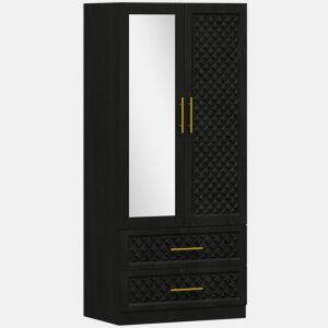 HOMCOM Roupeiro com Espelho 2 Portas e 2 Gavetas Roupeiro para Dormitório com Relevo de Diamante Barra para Pendurar Estilo Moderno 80x50x180 cm Preto
