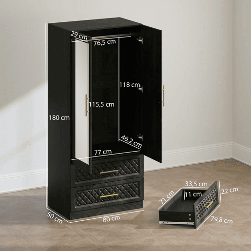 HOMCOM Roupeiro com Espelho 2 Portas e 2 Gavetas Roupeiro para Dormitório com Relevo de Diamante Barra para Pendurar Estilo Moderno 80x50x180 cm Preto