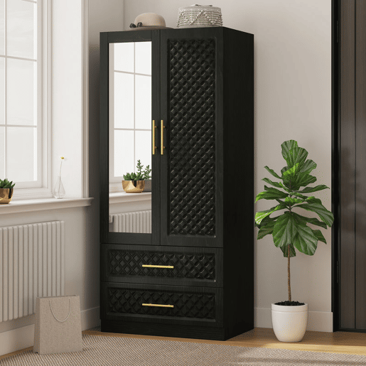 HOMCOM Roupeiro com Espelho 2 Portas e 2 Gavetas Roupeiro para Dormitório com Relevo de Diamante Barra para Pendurar Estilo Moderno 80x50x180 cm Preto