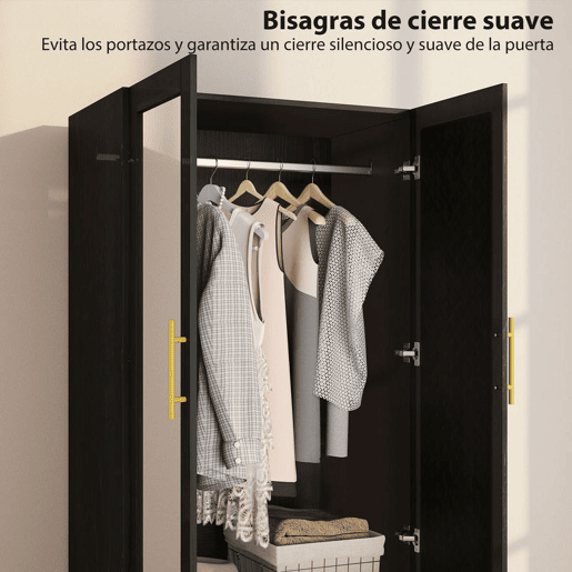 HOMCOM Roupeiro com Espelho 2 Portas e 2 Gavetas Roupeiro para Dormitório com Relevo de Diamante Barra para Pendurar Estilo Moderno 80x50x180 cm Preto