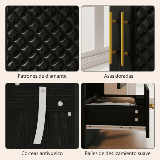 HOMCOM Roupeiro com Espelho 2 Portas e 2 Gavetas Roupeiro para Dormitório com Relevo de Diamante Barra para Pendurar Estilo Moderno 80x50x180 cm Preto