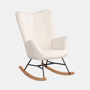 Cadeira De Balanço Estofada Em Tecido Tipo Lã De Ovelha Bege Com Estrutura Metálica Preta E Base Curva Em Madeira Natural, Design Nórdico Moderno E Aconchegante Ideal Para Sala, Quarto Ou Cantinho De Leitura, Suporta Até 120 Kg