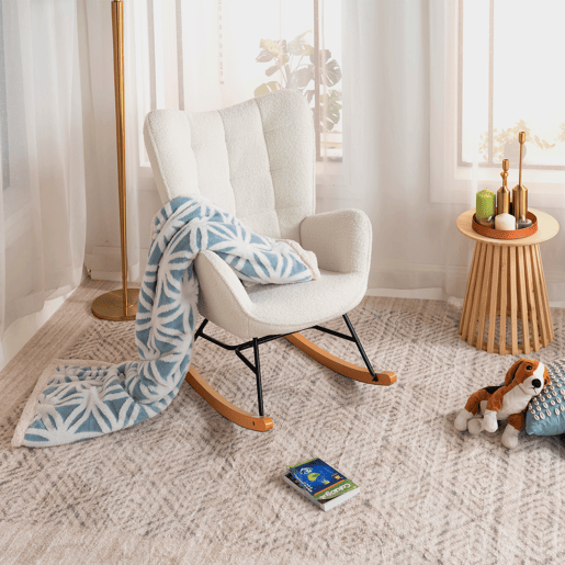 Cadeira De Balanço Estofada Em Tecido Tipo Lã De Ovelha Bege Com Estrutura Metálica Preta E Base Curva Em Madeira Natural, Design Nórdico Moderno E Aconchegante Ideal Para Sala, Quarto Ou Cantinho De Leitura, Suporta Até 120 Kg Cadeira De Balanço Estofada Em Tecido Tipo Lã De Ovelha Bege Com Estrutura Metálica Preta E Base Curva Em Madeira Natural, Design Nórdico Moderno E Aconchegante Ideal Para Sala, Quarto Ou Cantinho De Leitura, Suporta Até 120 Kg