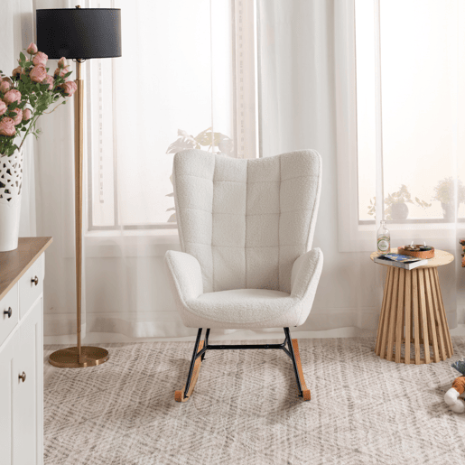 Cadeira De Balanço Estofada Em Tecido Tipo Lã De Ovelha Bege Com Estrutura Metálica Preta E Base Curva Em Madeira Natural, Design Nórdico Moderno E Aconchegante Ideal Para Sala, Quarto Ou Cantinho De Leitura, Suporta Até 120 Kg Cadeira De Balanço Estofada Em Tecido Tipo Lã De Ovelha Bege Com Estrutura Metálica Preta E Base Curva Em Madeira Natural, Design Nórdico Moderno E Aconchegante Ideal Para Sala, Quarto Ou Cantinho De Leitura, Suporta Até 120 Kg