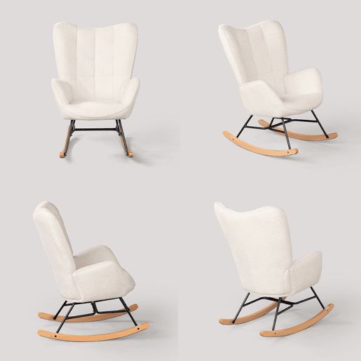 Cadeira De Balanço Estofada Em Tecido Tipo Lã De Ovelha Bege Com Estrutura Metálica Preta E Base Curva Em Madeira Natural, Design Nórdico Moderno E Aconchegante Ideal Para Sala, Quarto Ou Cantinho De Leitura, Suporta Até 120 Kg Cadeira De Balanço Estofada Em Tecido Tipo Lã De Ovelha Bege Com Estrutura Metálica Preta E Base Curva Em Madeira Natural, Design Nórdico Moderno E Aconchegante Ideal Para Sala, Quarto Ou Cantinho De Leitura, Suporta Até 120 Kg