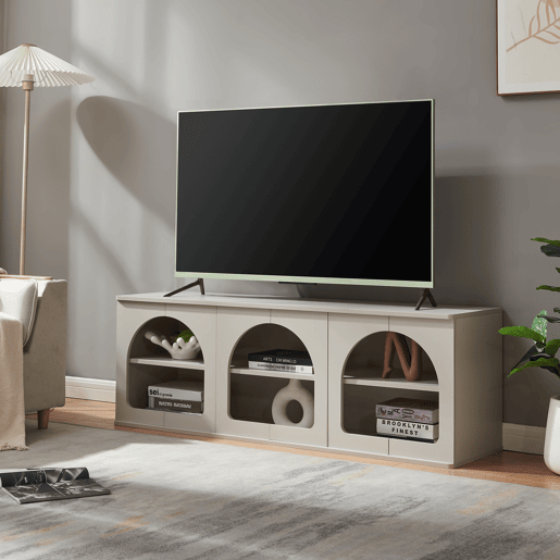 Mesa TV Trorhun 6 compartimentos abertos 140x38x48 cm Cinzento en.casa