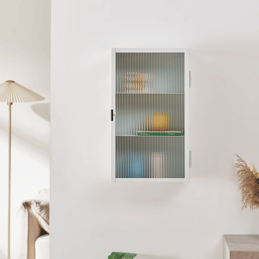 Armário de parede Zundert com porta de vidro canelado aço 60x35x15 cm Branco en.casa