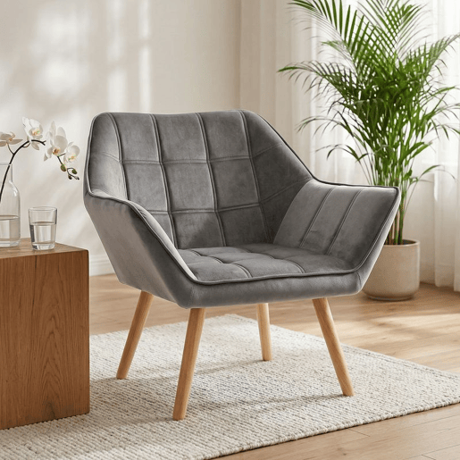 HOMCOM Poltrona de Sala Moderna, Cadeira de Leitura Estofada em Veludo com Pés de Madeira, Montagem Fácil, Poltrona Relax para Sala de Estar, Quarto e Varanda, Cinzento