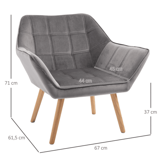 HOMCOM Poltrona de Sala Moderna, Cadeira de Leitura Estofada em Veludo com Pés de Madeira, Montagem Fácil, Poltrona Relax para Sala de Estar, Quarto e Varanda, Cinzento