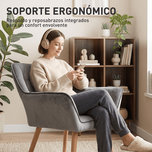 HOMCOM Poltrona de Sala Moderna, Cadeira de Leitura Estofada em Veludo com Pés de Madeira, Montagem Fácil, Poltrona Relax para Sala de Estar, Quarto e Varanda, Cinzento