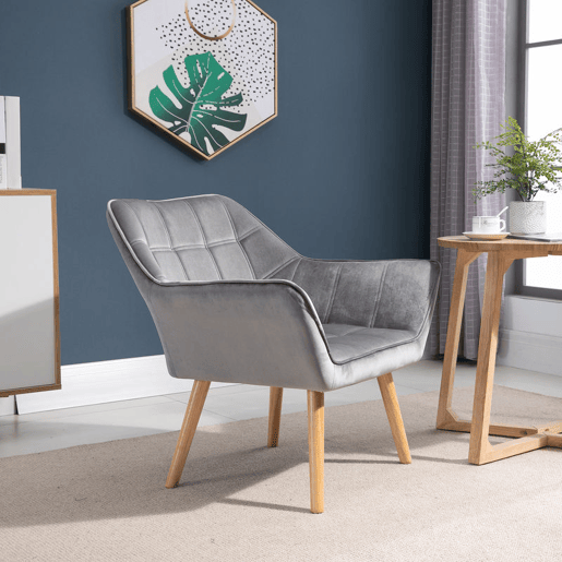 HOMCOM Poltrona de Sala Moderna, Cadeira de Leitura Estofada em Veludo com Pés de Madeira, Montagem Fácil, Poltrona Relax para Sala de Estar, Quarto e Varanda, Cinzento