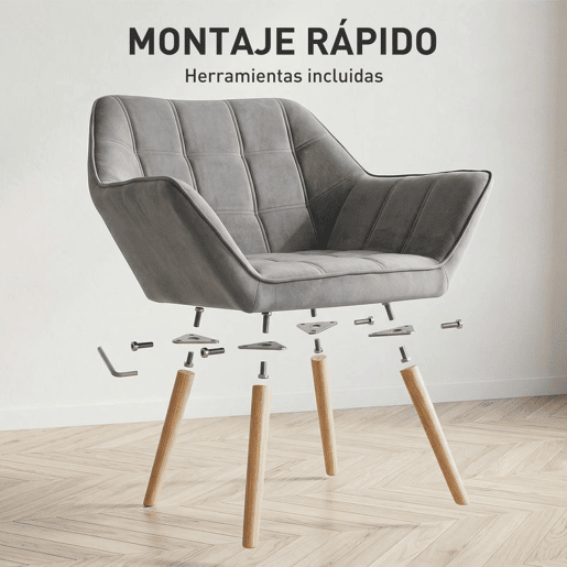 HOMCOM Poltrona de Sala Moderna, Cadeira de Leitura Estofada em Veludo com Pés de Madeira, Montagem Fácil, Poltrona Relax para Sala de Estar, Quarto e Varanda, Cinzento