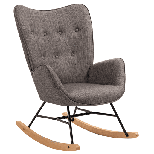 Poltrona De Balanço Moderna Estofada Em Tecido Cinza Escuro Com Estrutura De Metal Preto E Pés Curvos Em Madeira De Faia, Assento E Encosto Acolchoados Em Espuma, Ideal Para Sala De Estar, Quarto Ou Espaço De Leitura