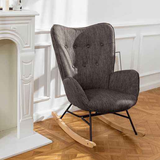 Poltrona De Balanço Moderna Estofada Em Tecido Cinza Escuro Com Estrutura De Metal Preto E Pés Curvos Em Madeira De Faia, Assento E Encosto Acolchoados Em Espuma, Ideal Para Sala De Estar, Quarto Ou Espaço De Leitura