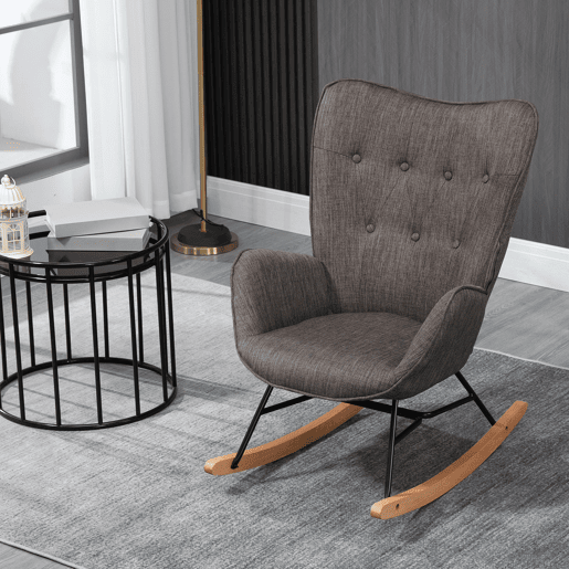Poltrona De Balanço Moderna Estofada Em Tecido Cinza Escuro Com Estrutura De Metal Preto E Pés Curvos Em Madeira De Faia, Assento E Encosto Acolchoados Em Espuma, Ideal Para Sala De Estar, Quarto Ou Espaço De Leitura