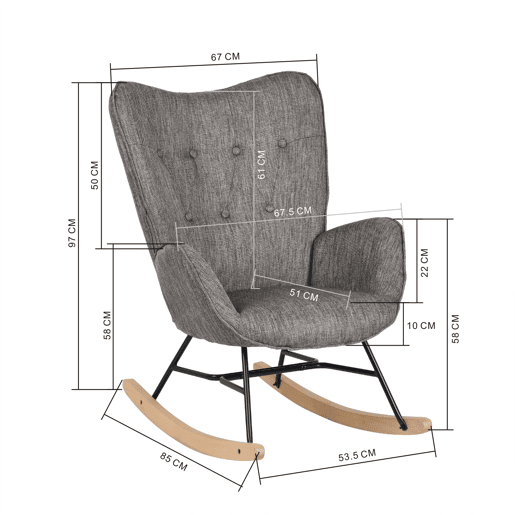 Poltrona De Balanço Moderna Estofada Em Tecido Cinza Escuro Com Estrutura De Metal Preto E Pés Curvos Em Madeira De Faia, Assento E Encosto Acolchoados Em Espuma, Ideal Para Sala De Estar, Quarto Ou Espaço De Leitura