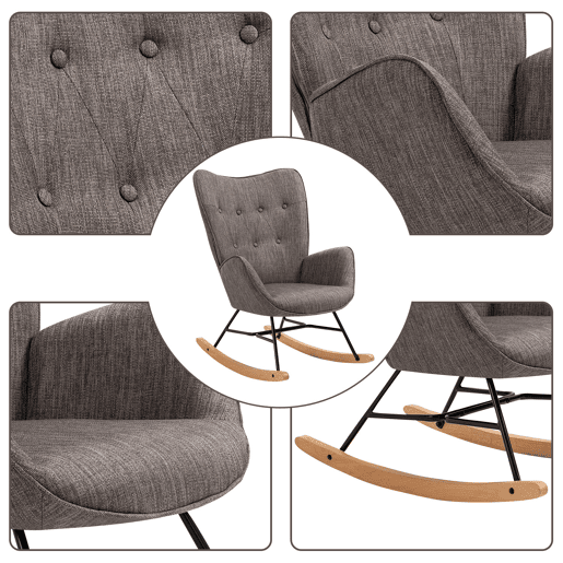 Poltrona De Balanço Moderna Estofada Em Tecido Cinza Escuro Com Estrutura De Metal Preto E Pés Curvos Em Madeira De Faia, Assento E Encosto Acolchoados Em Espuma, Ideal Para Sala De Estar, Quarto Ou Espaço De Leitura
