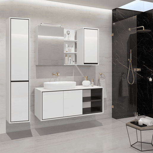 Conjunto móvel sob lavatório 120cm coluna e roupeiros Sophéa Branco