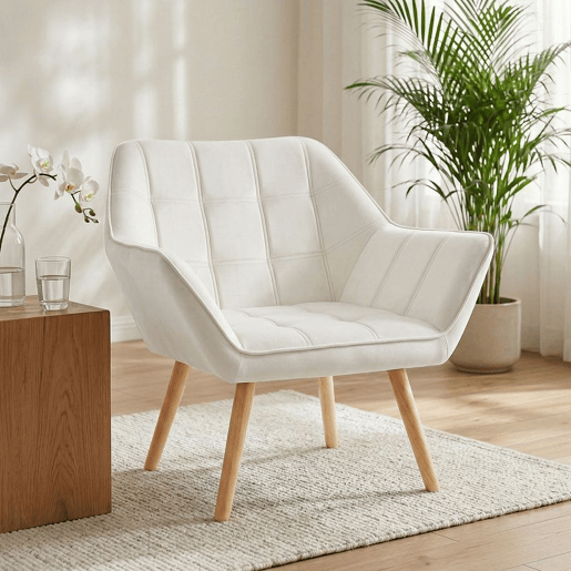 HOMCOM Poltrona de Sala Moderna, Cadeira de Leitura Estofada em Veludo com Pés de Madeira, Fácil Montagem, Poltrona Relax para Sala de Estar, Quarto e Varanda, Creme