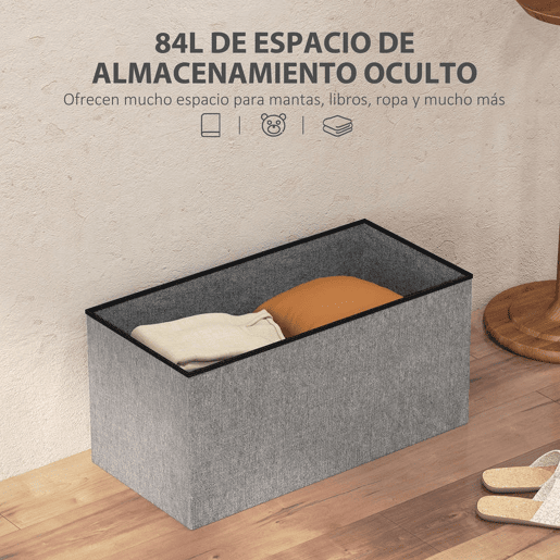 HOMCOM Baú de Arrumação para Quarto 84L Puff de Arrumação Dobrável Estofado em Linho Sintético com Tampa para Sala 76x38x38 cm Cinzento Claro