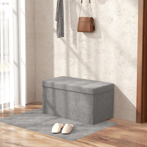 HOMCOM Baú de Arrumação para Quarto 84L Puff de Arrumação Dobrável Estofado em Linho Sintético com Tampa para Sala 76x38x38 cm Cinzento Claro