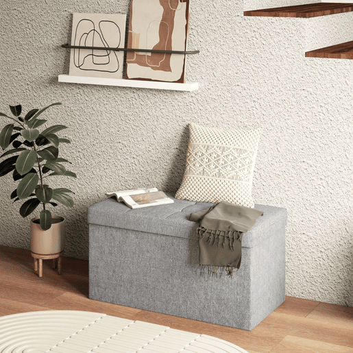 HOMCOM Baú de Arrumação para Quarto 84L Puff de Arrumação Dobrável Estofado em Linho Sintético com Tampa para Sala 76x38x38 cm Cinzento Claro