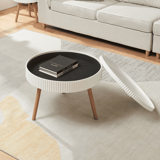 Mesa de centro Bongard com tampo amovíve aspeto ranhurado MDF Ø60x45 cm branco en.casa