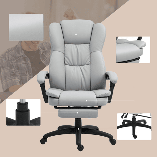 Vinsetto Cadeira de Escritório Giratória Cadeira de Escritório com Altura Ajustável 6 Pontos de Massagem Controle Remoto e Apoio para os Pés Retrátil 68,5x68,5x113-121 cm Cinza
