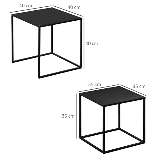 HOMCOM Conjunto de 2 Mesas Mesas de Centro Quadradas para Sala de Estar Estrutura de Aço para Quarto e Escritório Grande 40 cm Pequena 35 cm Preto