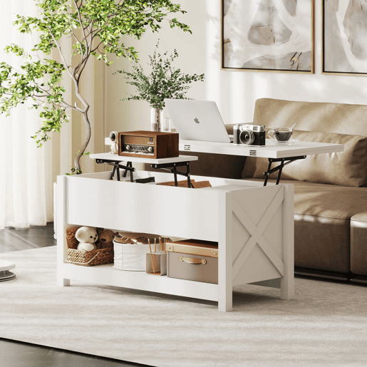 HOMCOM Mesa de Centro Elevatória e Extensível com Compartimentos Ocultos e Prateleira Aberta para Sala de Estar Escritório 100x90x64 cm Branco
