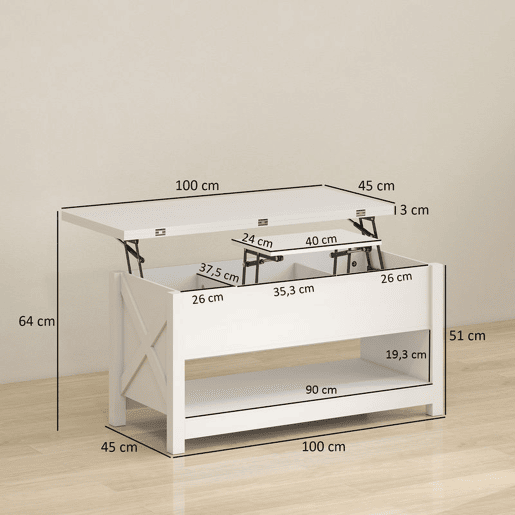 HOMCOM Mesa de Centro Elevatória e Extensível com Compartimentos Ocultos e Prateleira Aberta para Sala de Estar Escritório 100x90x64 cm Branco