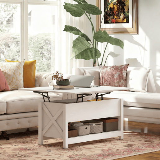 HOMCOM Mesa de Centro Elevatória e Extensível com Compartimentos Ocultos e Prateleira Aberta para Sala de Estar Escritório 100x90x64 cm Branco
