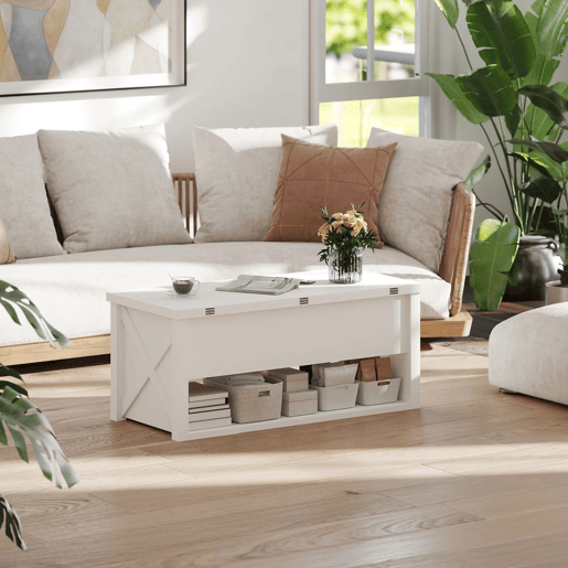 HOMCOM Mesa de Centro Elevatória e Extensível com Compartimentos Ocultos e Prateleira Aberta para Sala de Estar Escritório 100x90x64 cm Branco