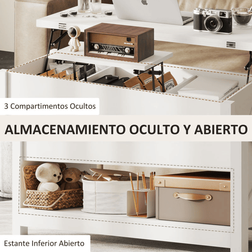 HOMCOM Mesa de Centro Elevatória e Extensível com Compartimentos Ocultos e Prateleira Aberta para Sala de Estar Escritório 100x90x64 cm Branco