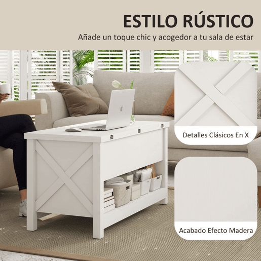 HOMCOM Mesa de Centro Elevatória e Extensível com Compartimentos Ocultos e Prateleira Aberta para Sala de Estar Escritório 100x90x64 cm Branco