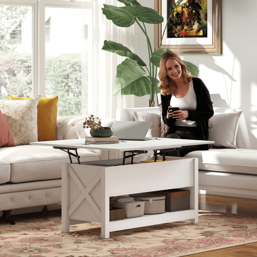 HOMCOM Mesa de Centro Elevatória e Extensível com Compartimentos Ocultos e Prateleira Aberta para Sala de Estar Escritório 100x90x64 cm Branco