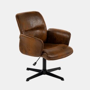 Poltrona De Descanso Giratória Com Altura Ajustável Estofada Em Couro Sintético Efeito Camurça Marrom, Base Metálica Preta Com Rotação 360° E Design Vintage Confortável Ideal Para Sala De Estar Ou Escritório Moderno