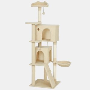 PawHut Arranhador para Gatos 160 cm Torre de Escalada com Múltiplas Plataformas Cama 2 Cavernas Rede Escada Postes de Sisal Bolas para Brincar Bege