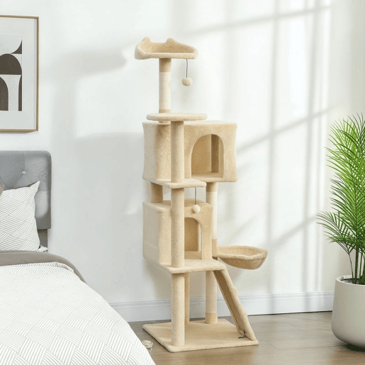 PawHut Arranhador para Gatos 160 cm Torre de Escalada com Múltiplas Plataformas Cama 2 Cavernas Rede Escada Postes de Sisal Bolas para Brincar Bege