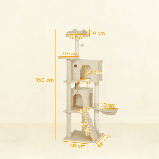 PawHut Arranhador para Gatos 160 cm Torre de Escalada com Múltiplas Plataformas Cama 2 Cavernas Rede Escada Postes de Sisal Bolas para Brincar Bege