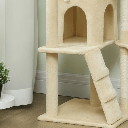 PawHut Arranhador para Gatos 160 cm Torre de Escalada com Múltiplas Plataformas Cama 2 Cavernas Rede Escada Postes de Sisal Bolas para Brincar Bege