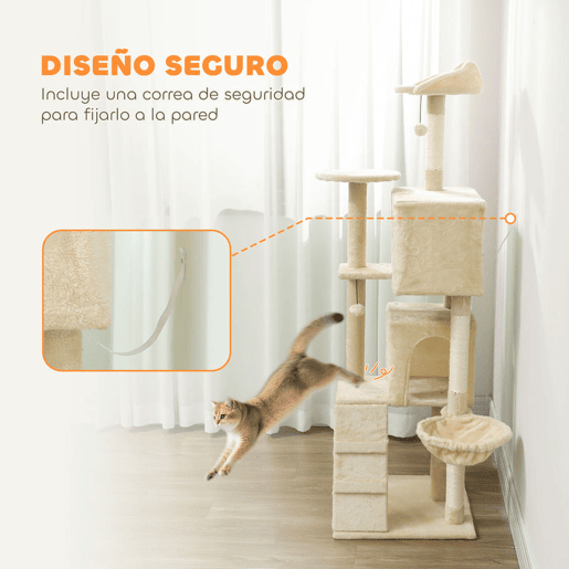 PawHut Arranhador para Gatos 160 cm Torre de Escalada com Múltiplas Plataformas Cama 2 Cavernas Rede Escada Postes de Sisal Bolas para Brincar Bege