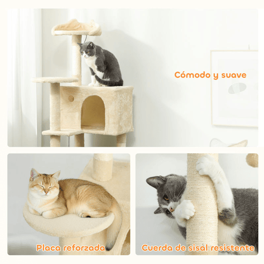 PawHut Arranhador para Gatos 160 cm Torre de Escalada com Múltiplas Plataformas Cama 2 Cavernas Rede Escada Postes de Sisal Bolas para Brincar Bege